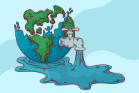 Obraz przedstawia narysowaną kulę ziemską z oznaczeniem kontynentów, z której wyrasta odkręcony kran i wypuszcza wodę poza kulę ziemską. Zmniejsza się poziom wody wewnątrz kuli ziemskiej. Jest to przenośnia marnowania wody pitnej na Ziemi.